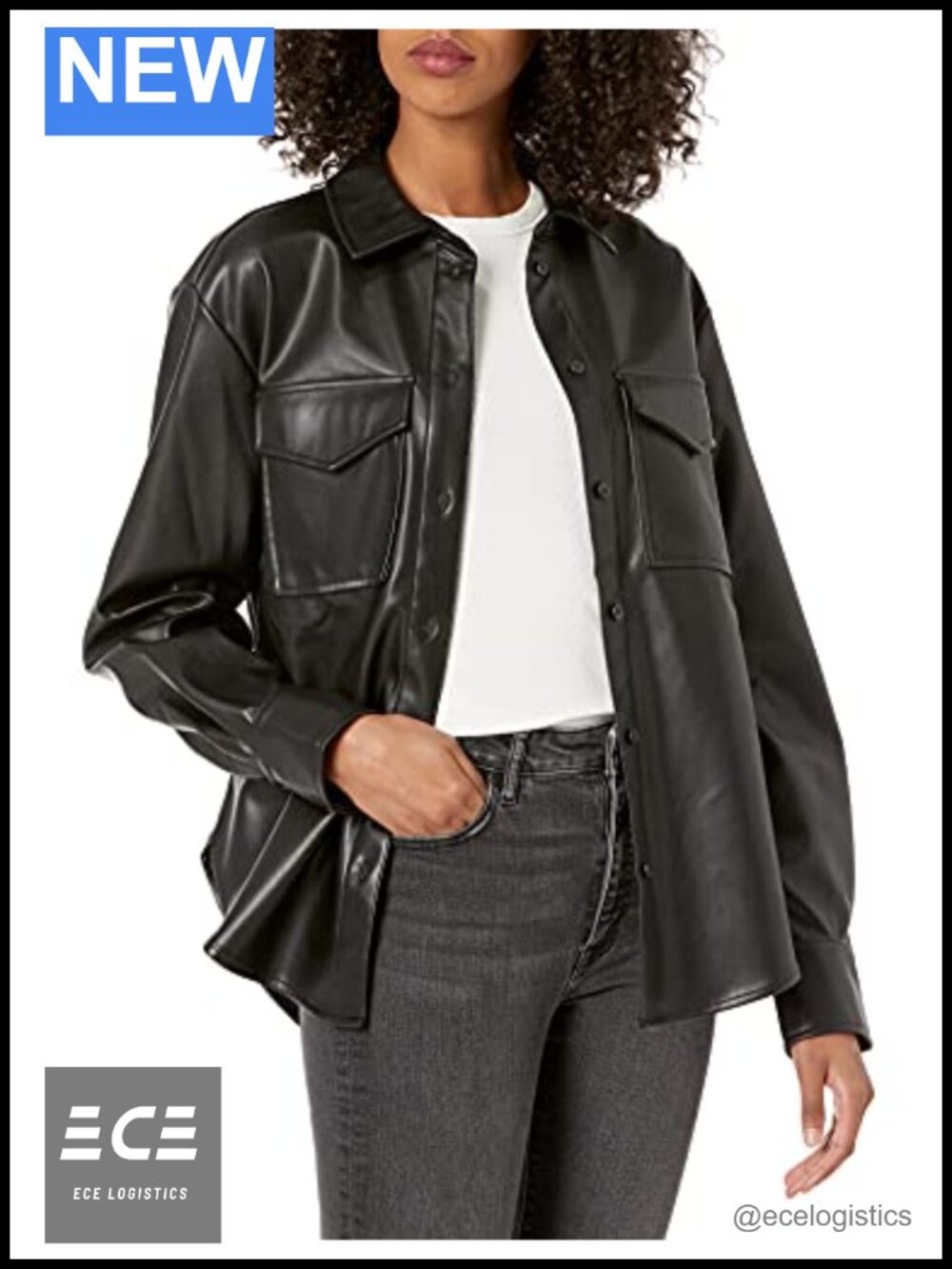 Faux Leather Long Shirt Jacket Loose Fit Collared Patch Pockets